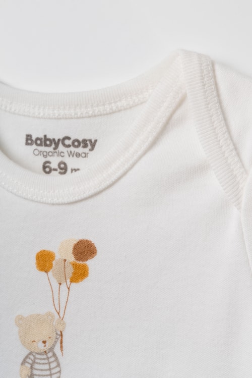 Unisex Bebek Pamuklu Ekru 2li Kısa Kollu Body Seti - Desenli ve Ayıcık Baskılı
