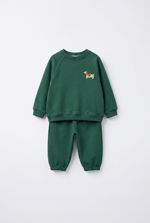 Bebek Pamuklu Köpek Nakışlı Yeşil Sweatshirt ve Eşofman Altı Takımı
