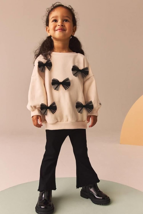 Fiyonk Desenli Pamuklu Sweatshirt Tayt Set Alt-Üst Takım Kız Çocuk