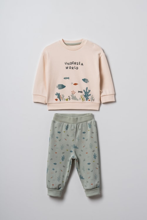 Bebek Pamuklu Deniz Temalı Baskılı Sweatshirt Eşofman Takımı