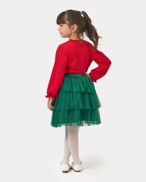 Kız Çocuk Pamuklu Yeni Yıl Temalı Baskılı Etekli Takım - Sweatshirt Katlı Tül Etek