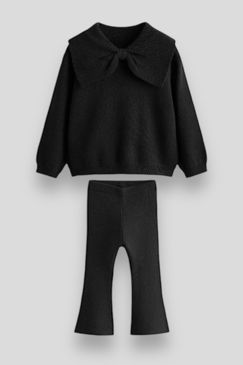 Triko Fiyonk Desenli Kışlık Pamuklu Sweatshirt Tayt Alt-Üst Takım Kız Çocuk 