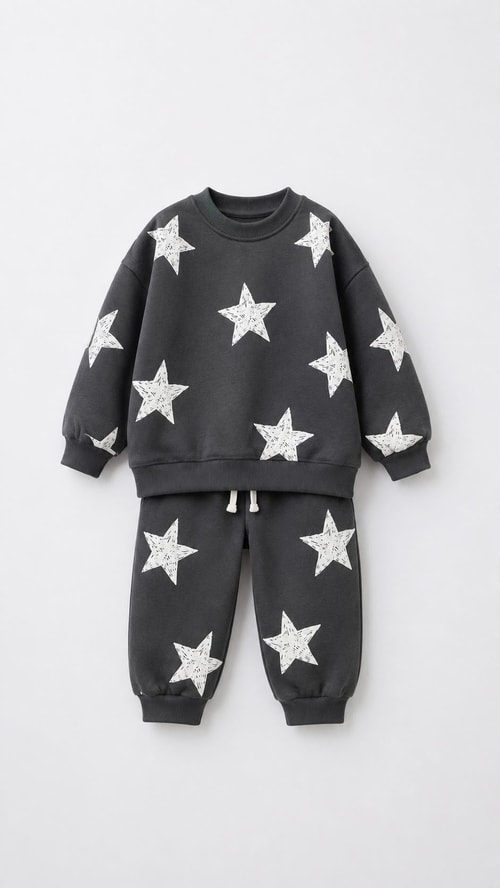 Çocuk Pamuklu Yıldız Desenli Antrasit Sweatshirt ve Eşofman Altı Takımı