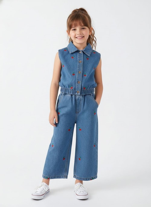 Kız Çocuk Pamuklu Mavi Kiraz Nakışlı Denim Takım - Kolsuz Gömlek Yaka & Geniş Paça Pantolon