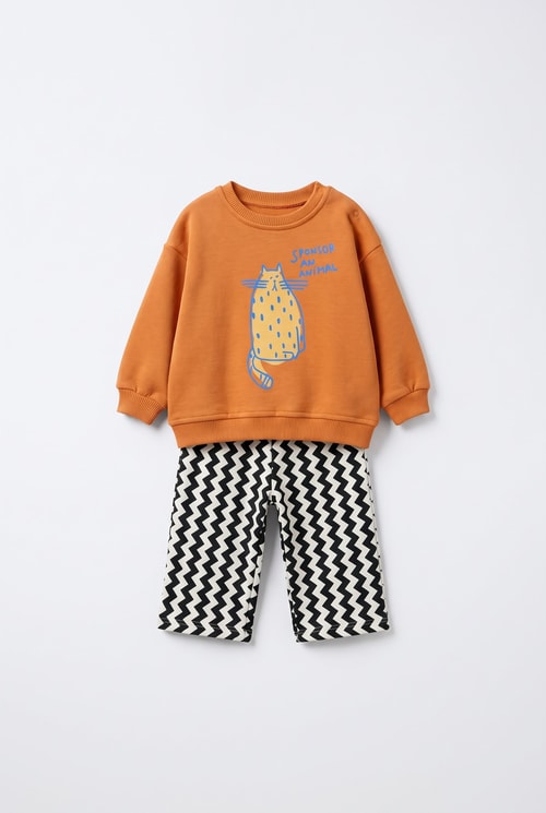  Çocuk Pamuklu Kedi Baskılı Turuncu Sweatshirt ve Eşofman Takımı