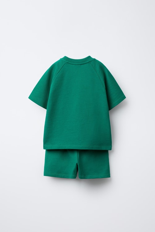 Unisex Çocuk Pamuklu Yeşil Gergedan Nakışlı T-Shirt Şort Takım
