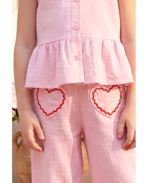 Kız Çocuk Pembe Bebe Yaka Kalp Cep Detaylı Bluz Pantolon Takım