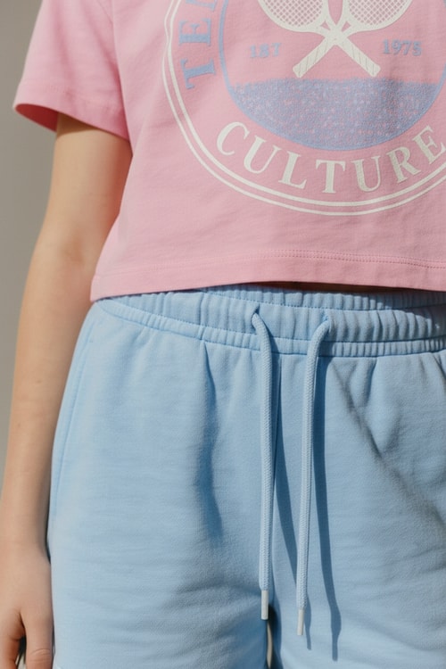 Kız Çocuk Pamuklu Pembe Baskılı Crop T-Shirt Mavi Şort Takım