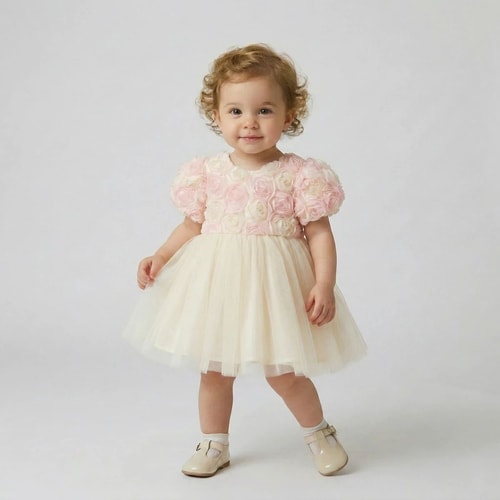 Kız Çocuk Pamuklu Ekru Gül Aplikeli Tütü Elbise