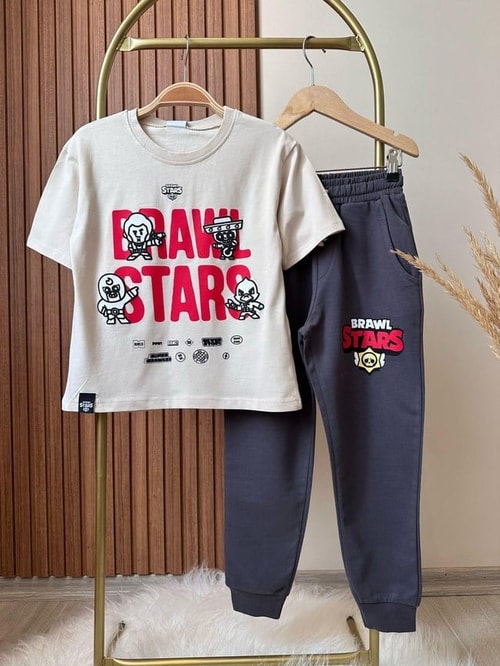 Erkek Çocuk Pamuklu Ekru Oyun Baskılı T-Shirt Eşofman Takım