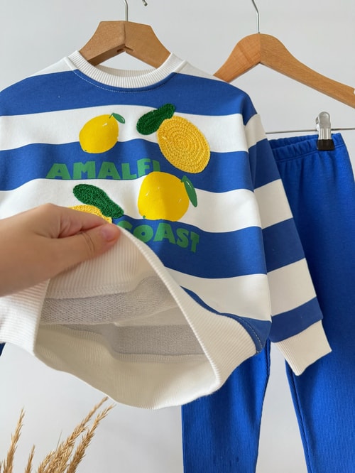 Çocuk Pamuklu Limon Mavi Çizgili Sweatshirt ve Tayt Takımı