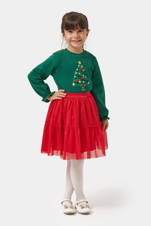 Kız Çocuk Pamuklu Yeşil Yılbaşı Ağaç Baskılı Uzun Kollu Kırmızı Tüllü Takım - Happy Holidays Temalı
