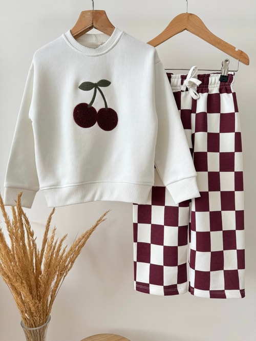 Kız Çocuk Kiraz Nakışlı Ekru Sweatshirt ve Dama Desenli Eşofman Takımı