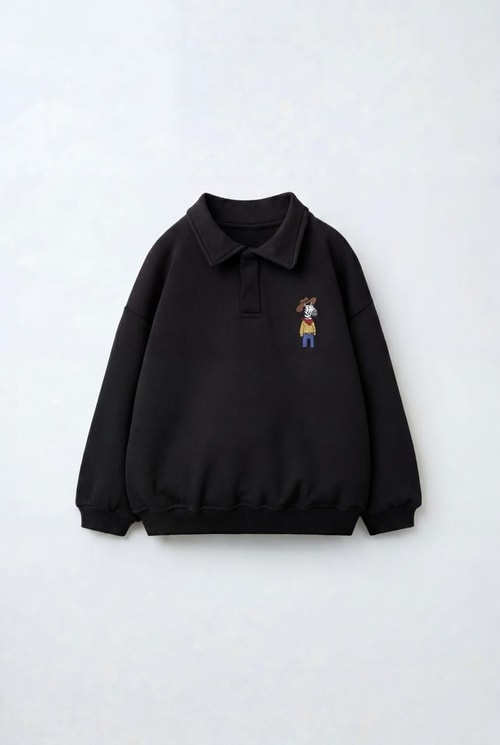 Çocuk Polo Yaka Siyah Nakış Detaylı Sweatshirt