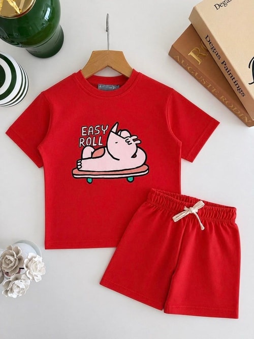 Erkek Çocuk Pamuklu Gergedan Baskılı Kırmızı T-shirt Şort Takım