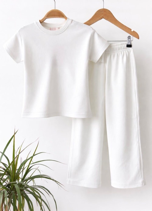 Kız Çocuk Pamuklu Basic Takım - Kısa Kollu T-Shirt ve Bol Paça Pantolon
