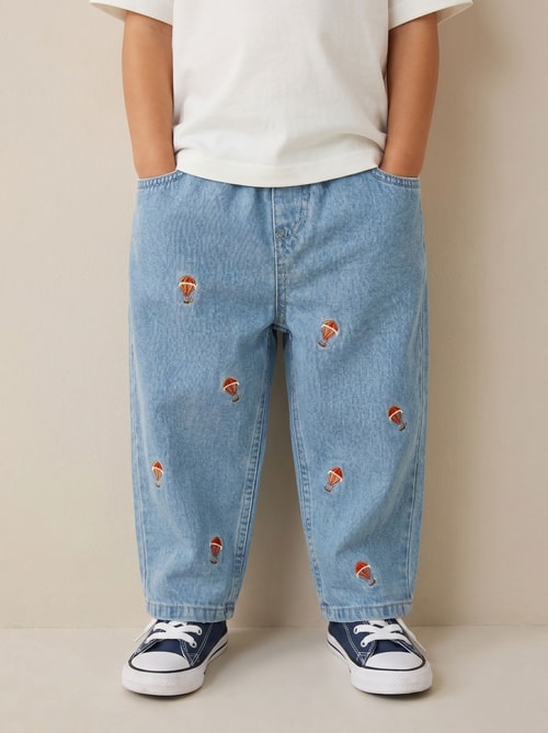 Unisex Çocuk Pamuklu Balon Nakışlı Oversize Kot Pantolon