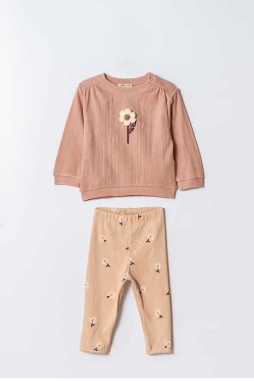 Kız Çocuk Pamuklu Pembe Çiçek Desenli İkili Takım - Sweatshirt ve Tayt