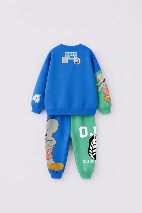 Çocuk Magu ve Milo Baskılı Mavi Yeşil Sweatshirt ve Eşofman Altı Takımı