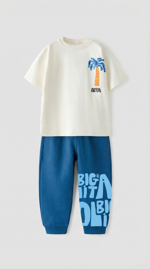 Erkek Çocuk Pamuklu Beyaz Baskılı T-Shirt ve Mavi Eşofman Altı 2li Takım