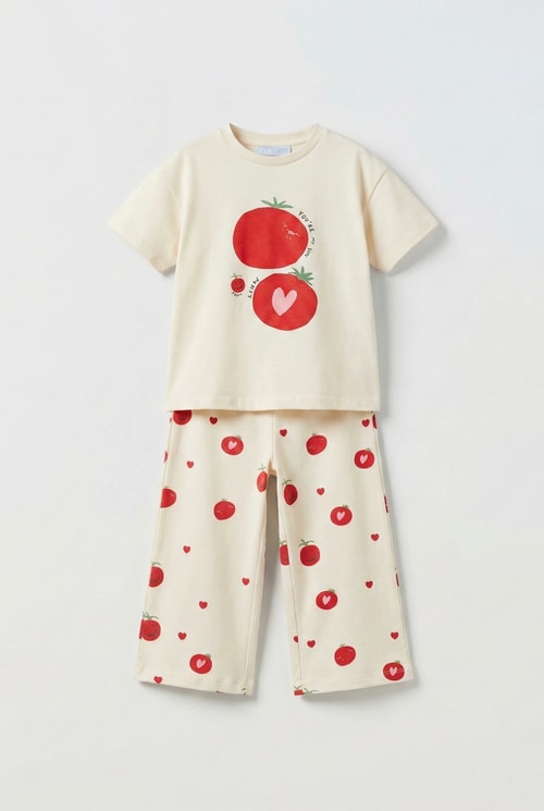 Unisex Çocuk Pamuklu Krem Domates Baskılı T-Shirt Pantolon Takım - Yazlık