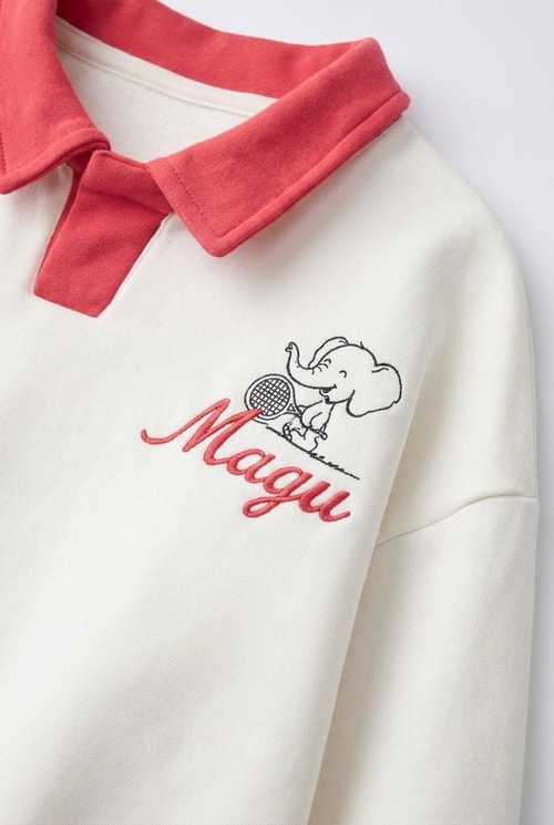 Çocuk Pamuklu Magu Fil Nakışlı Kırmızı Polo Yaka Ekru Sweatshirt