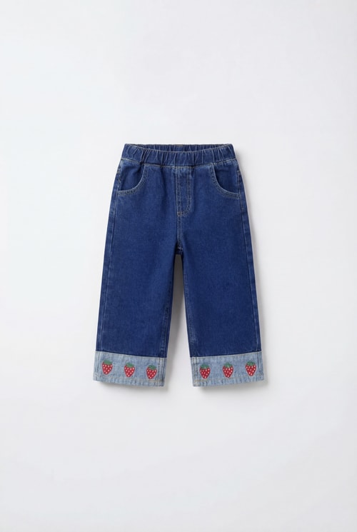 Kız Çocuk Pamuklu Mavi Çilek Nakışlı Jean Pantolon - Lastik Belli Bol Paça Model