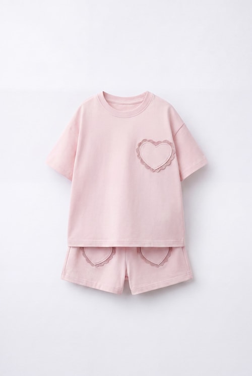 Kız Çocuk Pamuklu Lila Kalp Cepli T-shirt Şort Takım