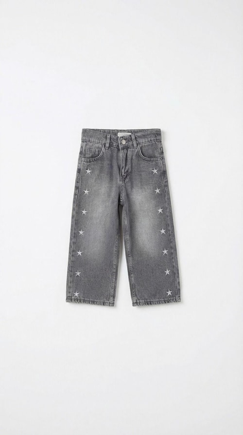 Kız Çocuk Pamuklu Gri Yıldız Desenli Denim Pantolon – Rahat Kesim, Günlük Kullanım