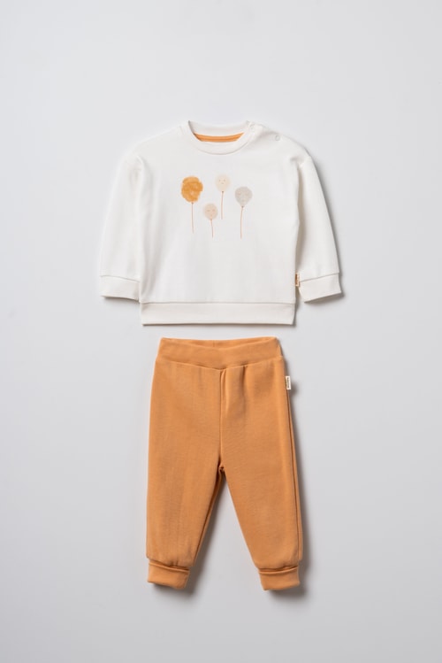 Unisex Bebek Pamuklu Ekru Hardal Sweatshirt Eşofman Takım