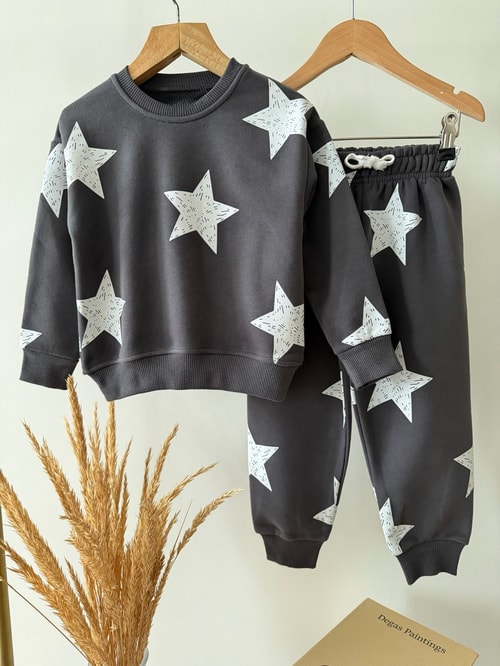 Çocuk Pamuklu Yıldız Desenli Antrasit Sweatshirt ve Eşofman Altı Takımı