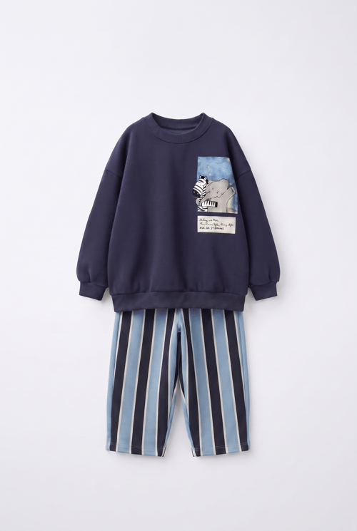 Çocuk Pamuklu Magu And Milo Lacivert Sweatshirt ve Çizgili Eşofman Takımı