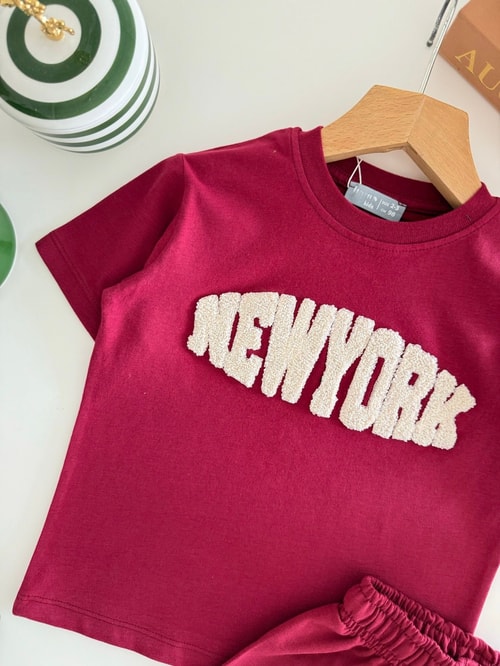 Çocuk Pamuklu Bordo New York Yazı Aplikeli T-shirt Şort Takım