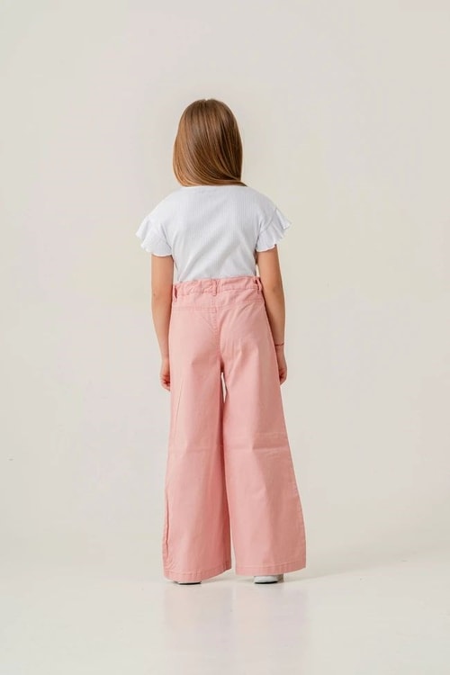 Kız Çocuk Pamuklu Beyaz Fırfır Kollu T-shirt Pembe Nakışlı Bol Paça Pantolon Takım