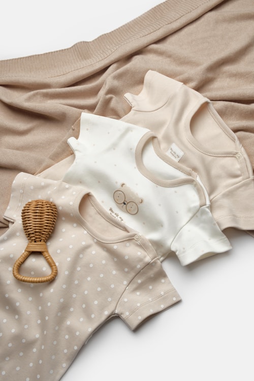 Unisex Bebek Pamuklu Bej Ekru 3lü Baskılı Çıtçıtlı Body Seti - Kısa Kollu