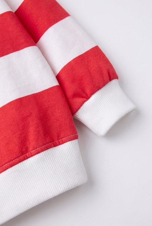 Kız Çocuk Pamuklu Çilek Baskılı Kırmızı Çizgili Sweatshirt ve Tayt Takımı