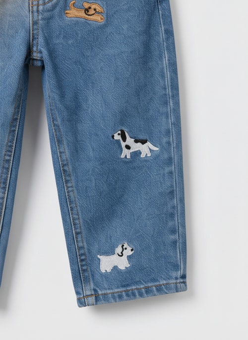Erkek Çocuk Pamuklu Mavi Kot Pantolon – Köpek Nakışlı