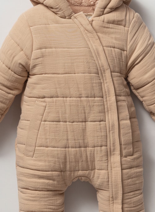 Unisex Bebek Bej Kapitone Kapüşonlu Tulum – Fermuarlı ve Cepli Kışlık Model