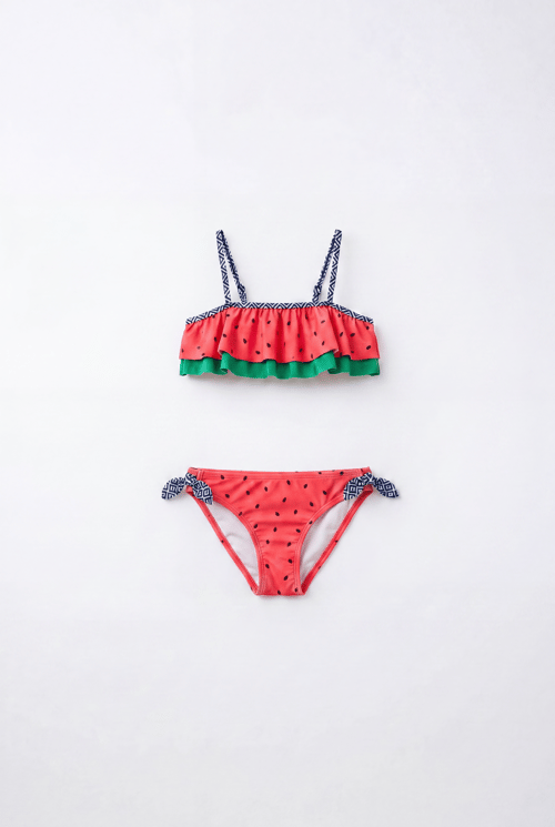 Kız Çocuk Pamuklu Karpuz Desenli Fırfırlı Bikini Mayo Takımı