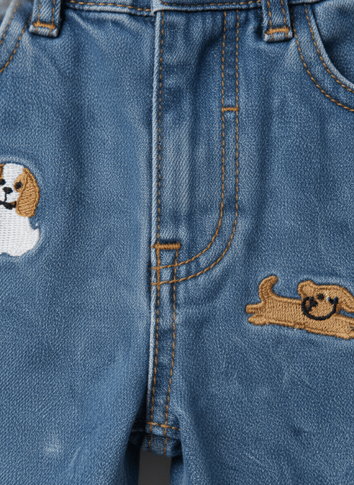 Erkek Çocuk Pamuklu Mavi Kot Pantolon – Köpek Nakışlı