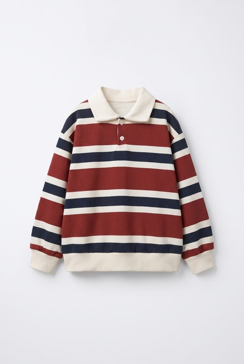 Çocuk Pamuklu Bordo Lacivert Çizgili Polo Yaka Sweatshirt