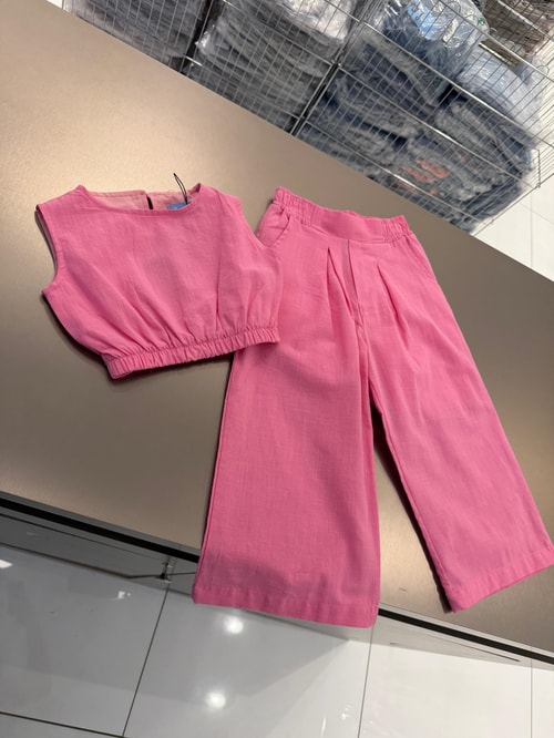 Kız Çocuk Pamuklu Pembe Kolsuz Bluz Pantolon Takım - Bol Paça