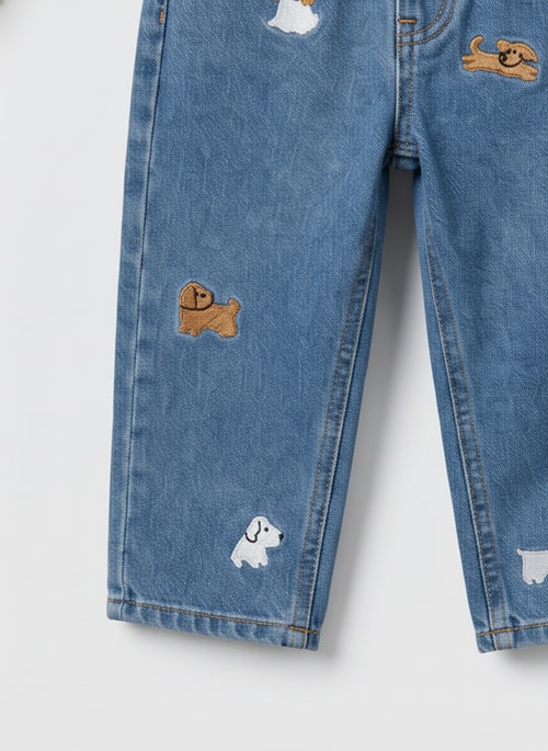 Erkek Çocuk Pamuklu Mavi Kot Pantolon – Köpek Nakışlı