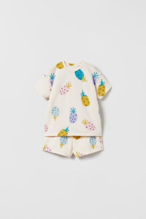 Unisex Çocuk Pamuklu Ekru Ananas Desenli T-Shirt Şort Takım - Yazlık İkili Set
