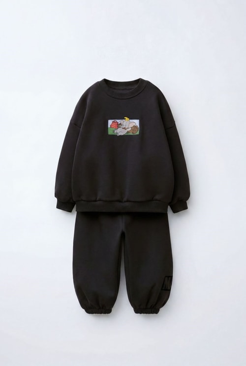Çocuk Magu Figürlü Siyah Sweatshirt ve Eşofman Altı Takımı