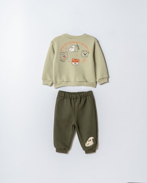 Erkek Çocuk Pamuklu Yeşil Sweatshirt ve Köpek Nakışlı Eşofman Altı İkili Takım