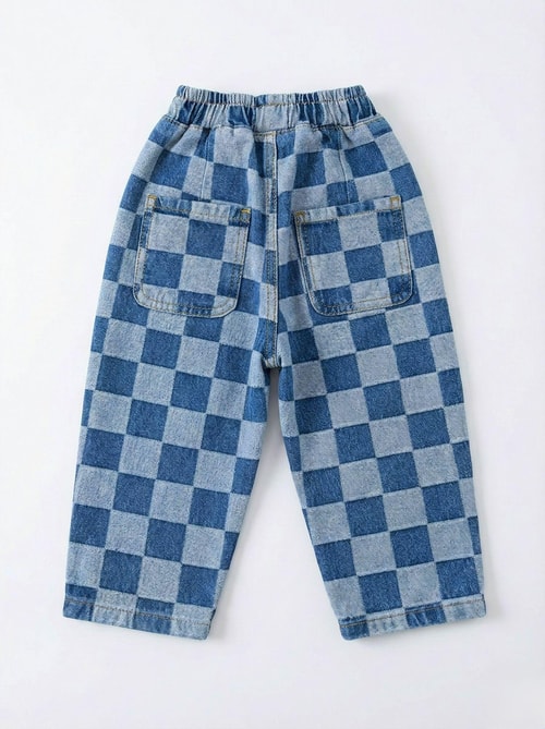 Erkek Çocuk Kare Desenli Mavi Denim Pantolon