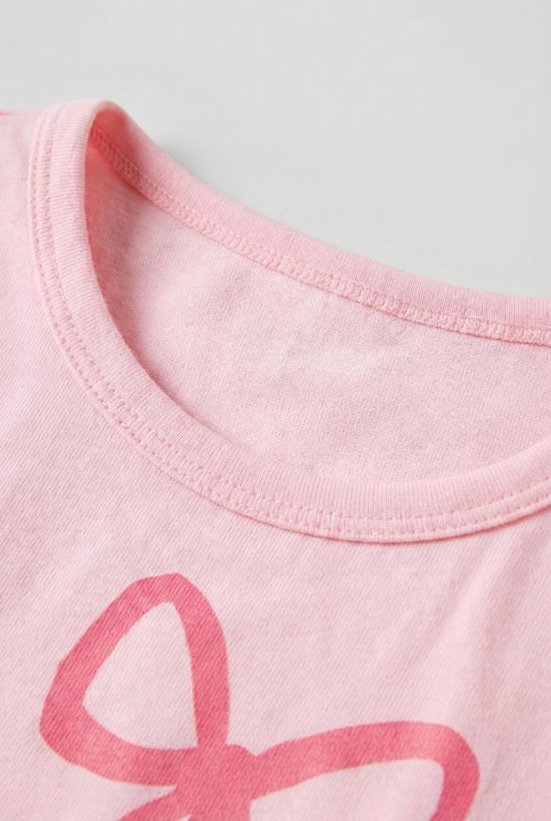 Kız Çocuk Pamuklu Pembe Fiyonk Desenli T-Shirt Şort Takım