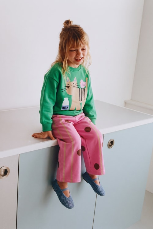 Çocuk Pamuklu Kedi Baskılı Yeşil Sweatshirt ve Puantiyeli Pembe Eşofman Takımı