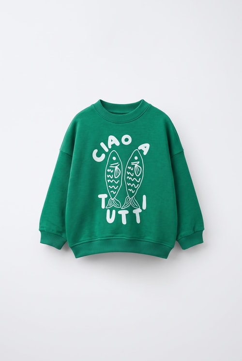 Çocuk Pamuklu Balık Baskılı Yeşil Sweatshirt